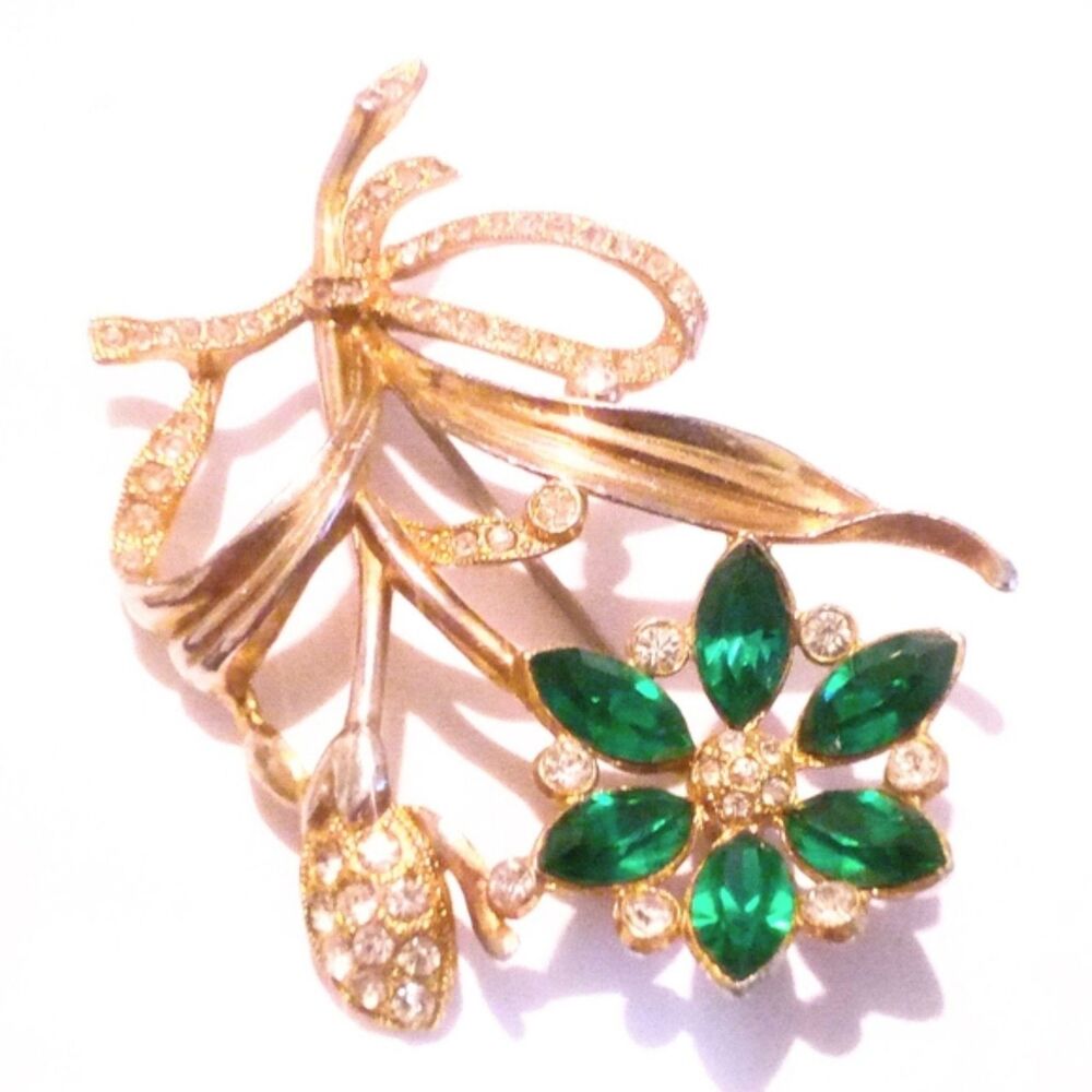 Vintage Gold Tone Green and Clear Rhinestone Flower Brooch